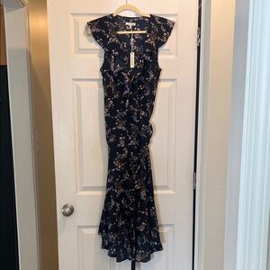 Max Studio Navy Floral Ruffle Sleeve Dress